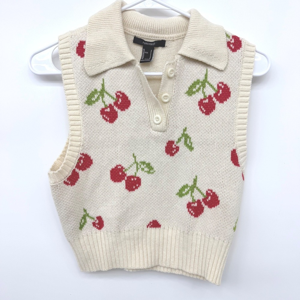 Forever 21 Sweater Y2K Vest Cherry Print Knit Polo Collar Womens Small Cream
